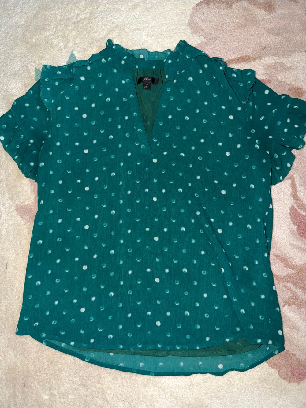J. Crew Green Polka Dot V-Neck Ruffle Sleeve Blouse